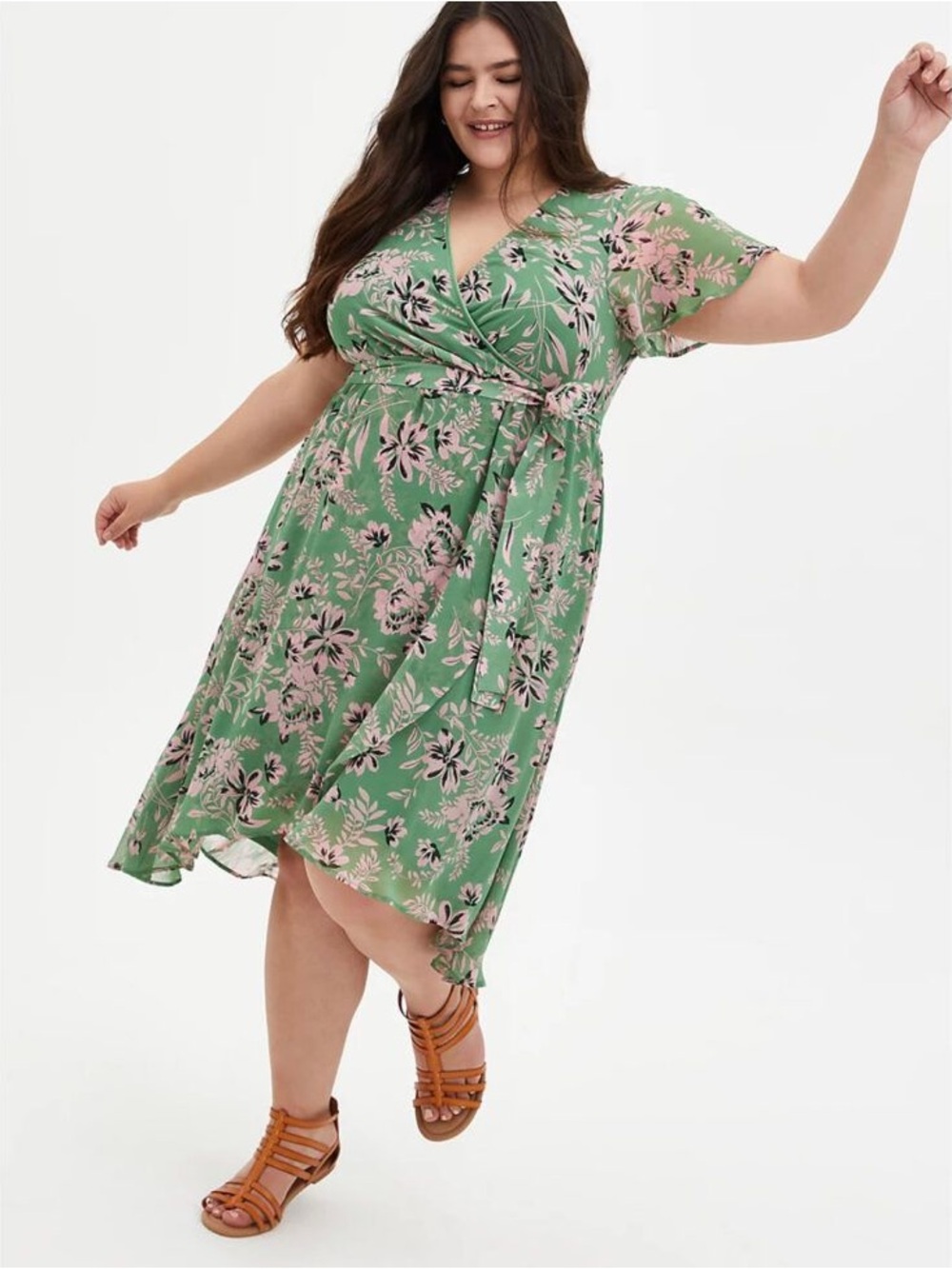 torrid Green Floral Wrap Midi Dress with Pink Blooms
